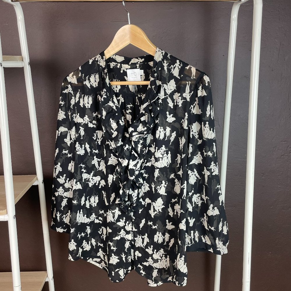 HD in Paris Ruffle V-neck button up blouse in Black and Tan, size 12